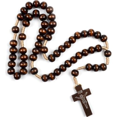 New Wood Beaded Rosary Cross Jesus Pendant Necklace For Women Men Christian Necklaces Male Female Jewelry Christmas Day Gift