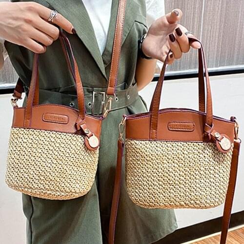 Casual Splicing Straw Bag Bucket Bags for Women 2021 Brands Small Weave Beach Bag Shoulder Crossbody Bags Designer Handbag Purse