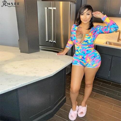 RMSFE 2021 Top Quality Home Simple Sexy Comfortable Long Sleeves Deep V Single Row Button Tight Color Dot Print One-piece Shorts