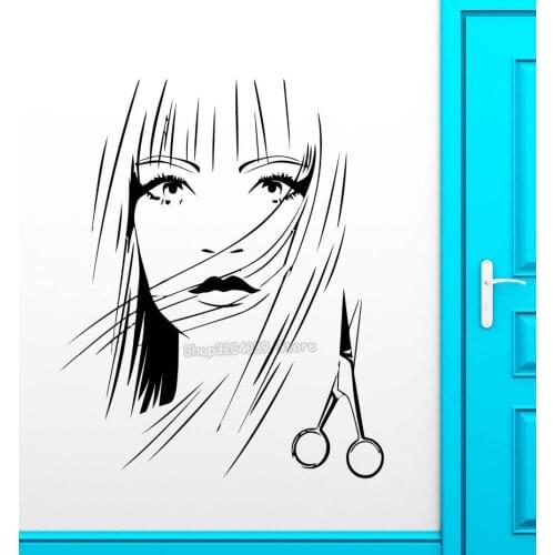 Hair Salon Vinyl Decals Hot Sexy Girl Barbershop Scissors Murals Wall Stickers Hair Salon Room Removable Decoration YY438