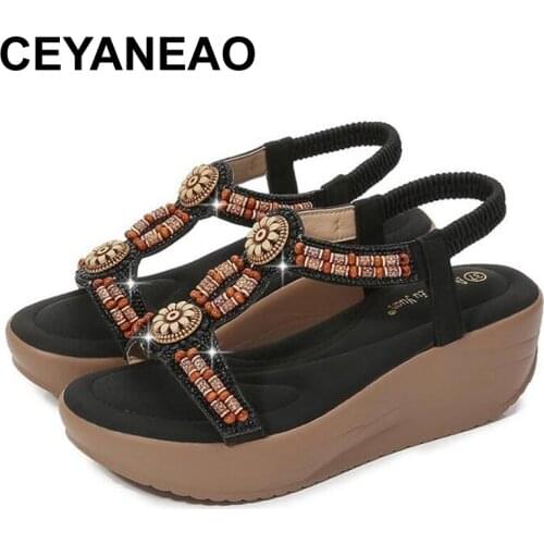 CEYANEAO New Bohemian Summer Women Sandals Fashion Platform Shoes Women PU Elastic Band Sandals Women Rhinestone Shoes LargeSize