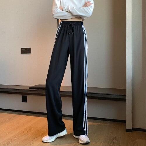 Sports Wide Leg Pants Womens High Waist Drape 2021 Spring And Summer Korean Loose Vertical stripes Straight Casual Pants