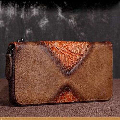 Vintage Female Wrist Purse Clutch Bags Multi-Cards Handy Bag High Quality Women Genuine Leather Embossed Long Zipper Wallet