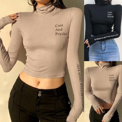 Women Spring Long Sleeve Blouse Tee Top Shirt Women Turtleneck Letters Print Slim Pullover Solid Vintage Shirt Female Clothes