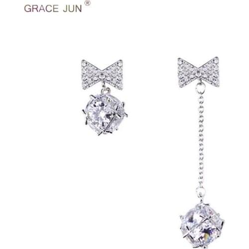 GRACE JUN Korea Style AAA CZ Bow-knot Ball Shape CZ Clip on Earrings No Pierced for Women Fashion Bridal Wedding Charm Ear Clip