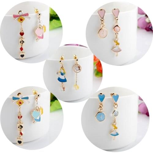 Alice Asymmetrical Earrings Blue Pink Love Dangle Earrings Clock Poker Card Womens Earring Fashion Jewelry