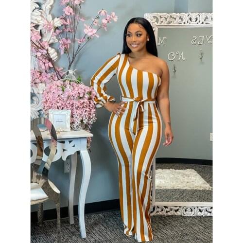Echoine Striped Print Jumpsuit Flare Pants One Shoulder Sleeve Sexy Off Shoulder Rompers Skinny Bodycon Playsuit Party Outfits