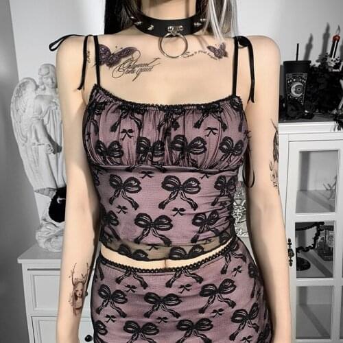 Y2K Women Butterfly Jacquard Sleeveless Low-cut Cropped Tops/High Waist A-line Short Skirt with Ruffles