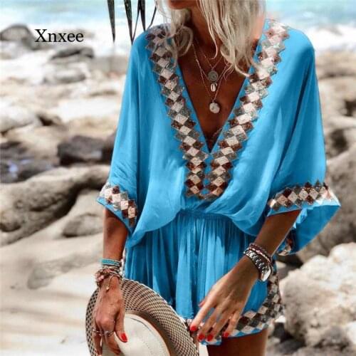 2021 Summer Boho Mini Dress for Women Deep V Neck Lace Up Vintage Chic Robe Femme Tunic Loose Beach Streetwear Vestidos Clothes