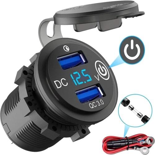 12V USB Outlet, Quick Charge 3.0 Dual USB Car Charger with Contact Switch and Voltmeter for 12V/24V Motorcycle Car Truck