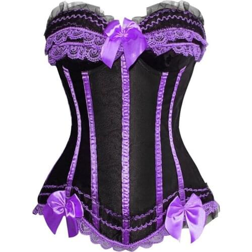 Plus Size S-6XL Sexy Womens Burlesque Satin Boned Lace up Overlay Corset Waist Cincher Bustiers Victorian Corselet Lingerie Top