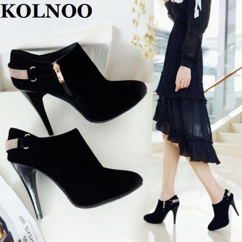 KOLNOO Handmade New Ladies High Heels Boots Low-Cut Faux Kid Suede Ankle Booties Three-Colors Autumn Party Fashion Short Shoes