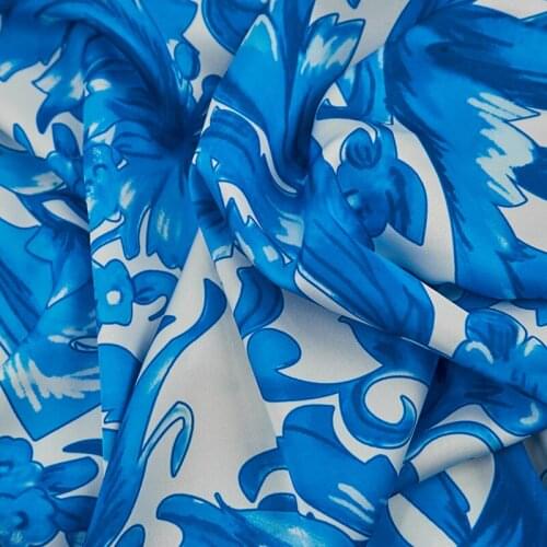 Digital printed blue and white porcelain pattern stretch satin shirt skirt fabric telas por metro tissu ткань для шитья