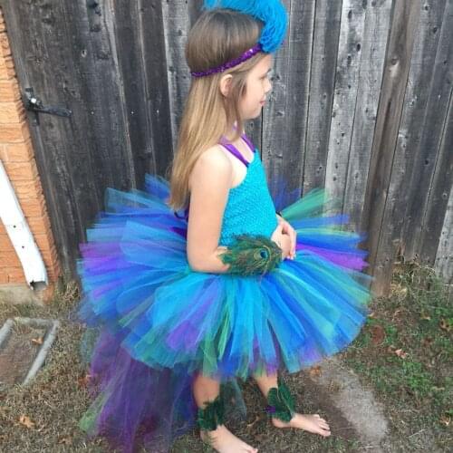 Girls Peacock Feather Trailing Tutu Dress Kids Crochet Tulle Dress with Hairbow Children Halloween Party Cosplay Costume Dresses