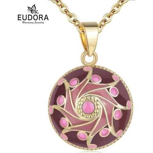 EUDORA Original Enamel Craft Pink Harmony Ball Musical Pendant Universe Planet Necklace For Mom Baby Pregnancy Jewelry Gift Idea