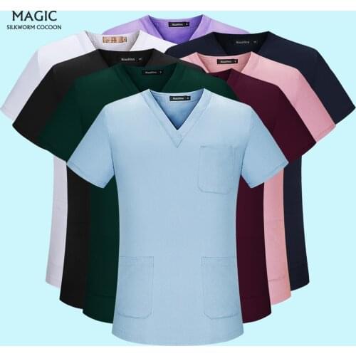 Short Sleeved V-neck Uniform Solid Color Nursing Scrubs Tops Beauty Salon Clothes Women Medical Doctor Scrub Work Wear & Uniform