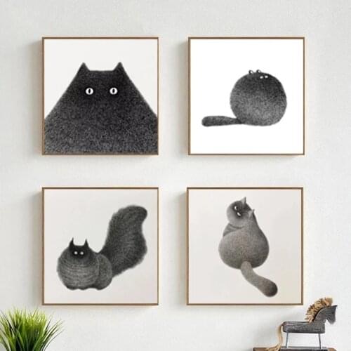 Cute Cat Canvas Painting Black And White Animal Posters And Prints Wall Art Pictures For Living Room Home Decoration