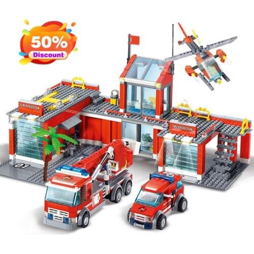 84-774PCS Fire Station Building Blocks Sets Fire Engine Fighter Truck Bricks Playmobil Toys for Children