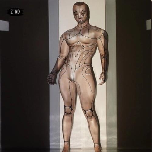 Halloween Costume nude Bar nightclub Party Role Playing 3d Machine men Jumpsuit Cosplay DJ Pattern Stretch Tights rave festival