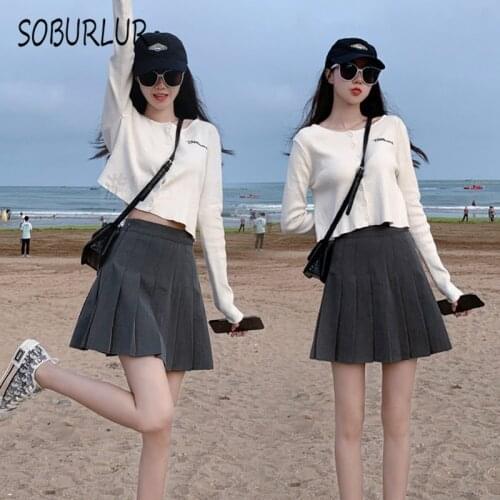 SOBURLUR Summer A-Line Mini Skirts High-waisted Pleated Suits with Skirts Female Clothes With Zipper Japanese school uniform OL