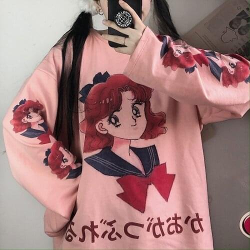 Summer Long-sleeved Cute Pink Kaeva Cartoon Female T-shirt Japanese Street Anime Clothes Plus Size Aesthetic Alternative