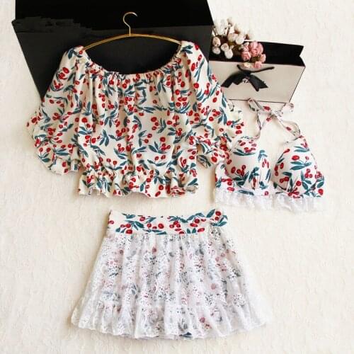 Cherry Print Sweet Swimsuit Off-Shoulder Backless Top Cute Floral Lace Skirt Beach Swimsuit Women Swimwear Bikini Three-Piece