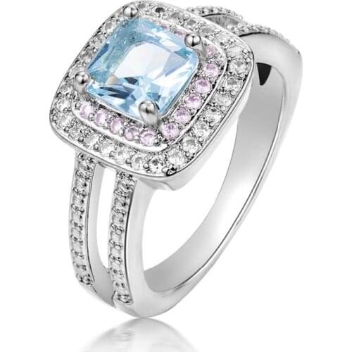 Fashion Fully Blue Sea Zircon Rings European and American Pink Crystal Engagement Wedding Rings for Women Girls Jewelry Gifts
