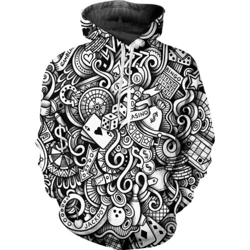 UJWI 3D Digital Print Hoodie Dice Black White Oversized Mens Hoodie Pullover Poker Long Sleeve Hoodie Sweatshirt Dropship 5XL