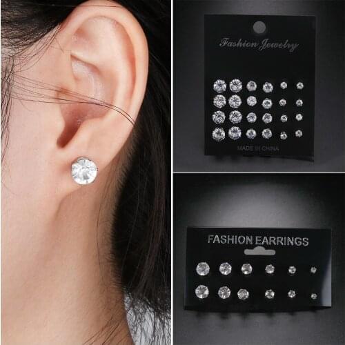 6/12 Pairs Exquisite Crystal Elegant Wedding Stud Earrings Set Simple Women Alloy Silver Round Zircon Earring Sets Birthday Gift