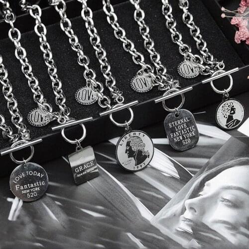 TIMEONLY Delicate Love Heart Coin Portrait Square Titanium Steel Pendant Necklaces Chunky Hollow OT Lock Necklace for Women