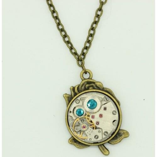 Steampunk Pendant Necklace Antique Watch Movement Vintage Gear Jewelry Rose Pendants for Women