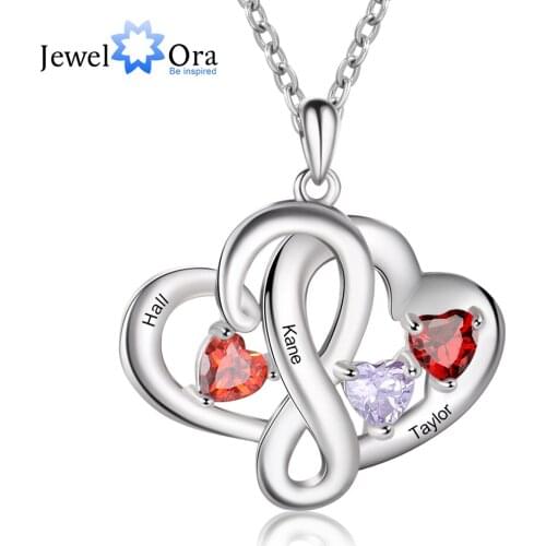 JewelOra Personalized Family Necklace with 3 Heart Birthstone Customized Engraved Name Pendant Necklaces for Women Mother Gift