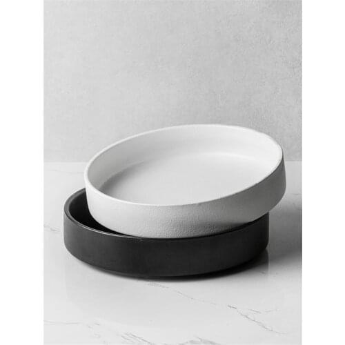 Simple black and white deep plate soup plate Western dish round dish salad plate frosted ceramic large baked plate household