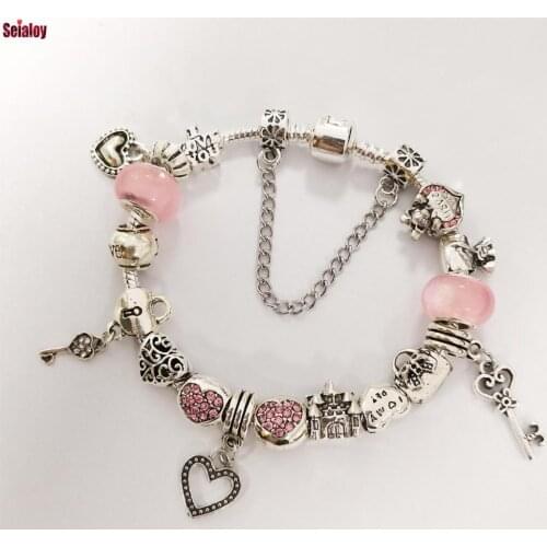 Seialoy I Love You Charm Bracelets For Women Girls Original Shiny Heart Pendant Beaded Silver Color Bracelet & Bangle Jewelry