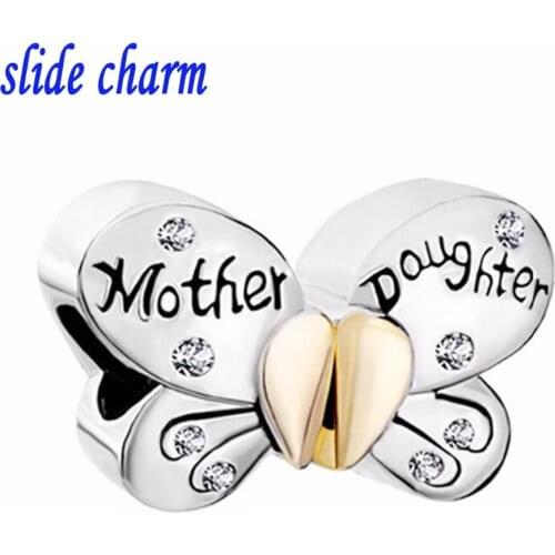 Slide charm Mothers Day Mom and daughter free shipping white rhinestone butterfly animal charm beads fit Pandora bracelet