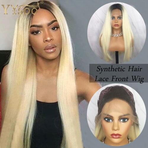 YYsoo Long Blonde Synthetic Lace Front Wigs For Women 1b/613 Color Glueless Front Lace Silky Straight Hair Wig Natural Looking