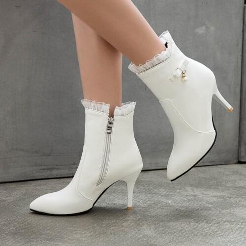 Womens side zipper sexy thin heel lace womens boots pearl winter boots childrens high quality Pu Plush size