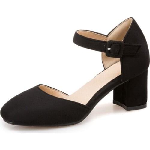 Big Size ladies high heels women shoes woman pumps Square-headed buckled thick-heeled womens shoes