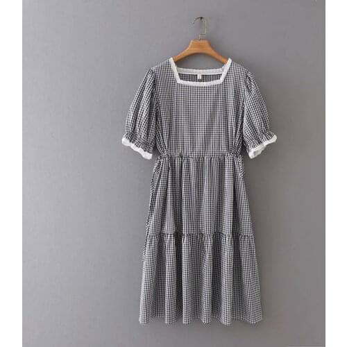 Plus size dress square collar puff sleeve black plaid high waist summer dresses 2021 elegant casual womens dresses