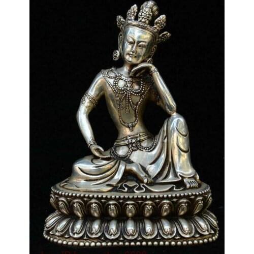 8" China Tibetan Buddhism Silver Free Avalokitesvara Boddhisattva GuanYin Statue