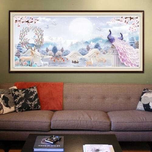 Diamond Painting Peacock Deer Full Round Winter Landscape Embroidery Cross Stitch Mosaic Interior Decoration Rhinestone Drills