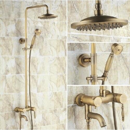 Antique Brass Wall Mounted Rain Bathroom Rainfall Shower Faucet Set with Handheld Spray Shower Head Bath Tub Mixer Tap 2rs041