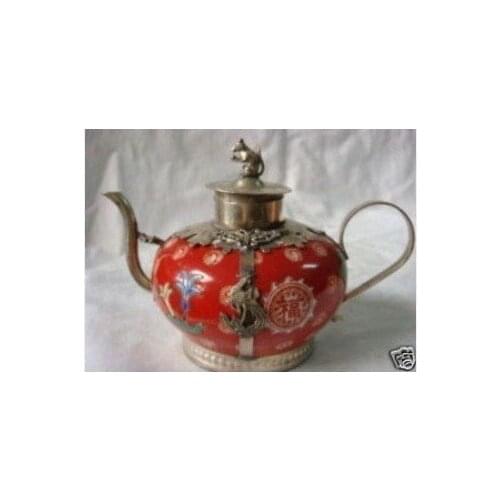 Silver teapot red porcelain Tibet Healing Medicine statue copper tools wedding Decoration Brass Bronze