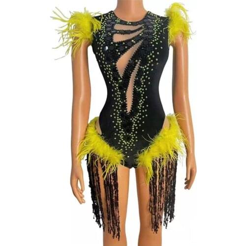 Black White Sequin Fringe Yellow Rhinestone Feather Bodysuit Women Dancer Singer Stage Wear Birthday Prom Celebrate Outfit