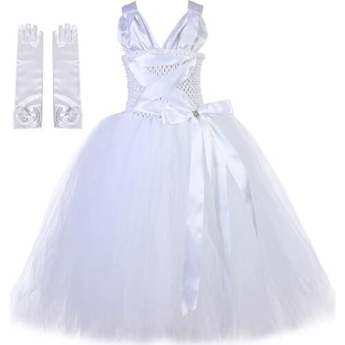 Pure White Marilyn Tutu Dress for Girls Halloween Costume Classic 80s V-Neck Kids Holiday Party Princess Dress Up with Golves