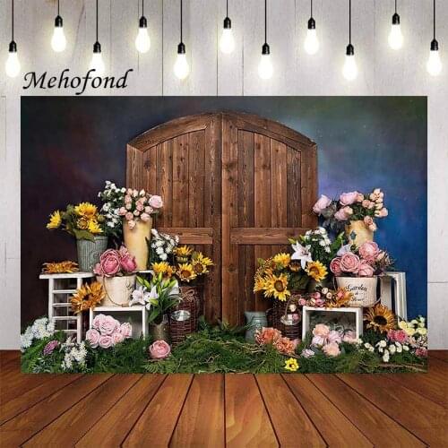 Mehofond Photography Background Retro Wood Door Colorful Flowers Baby Girl Princess Cake Smash Portrait Backdrop Photo Studio