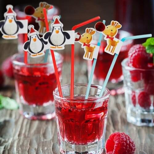 10/20pcs Disposable Christmas Party Flexible/Bendable/Elbow Plasti Straws Santa Snowman Xmas Party Decoration Supplies Eco