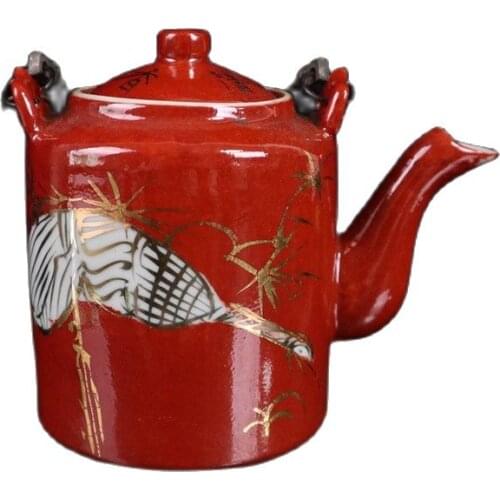 Chinese Old Porcelain Painted Gold Sand Red Crane Pattern Teapot