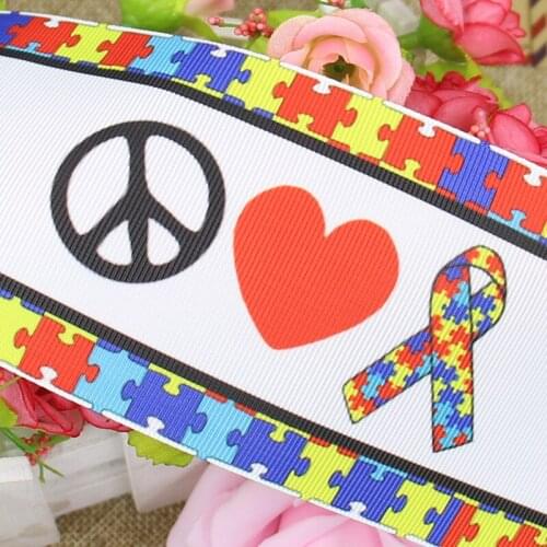 Q&N ribbon 3inch 75mm 160811029 autism awareness printed grosgrain ribbon webbing 50yards/roll for headband free shipping