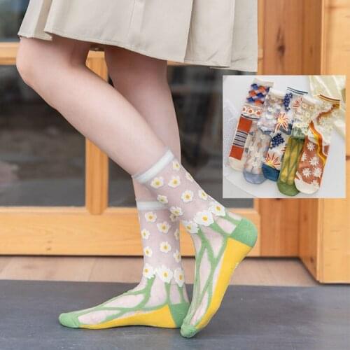 2021 Summer New Japanese Glass Stockings Novelty Floral Thin Socks Lace Cute Women Crew Socks Harajuku Happy Sunflowers Socks